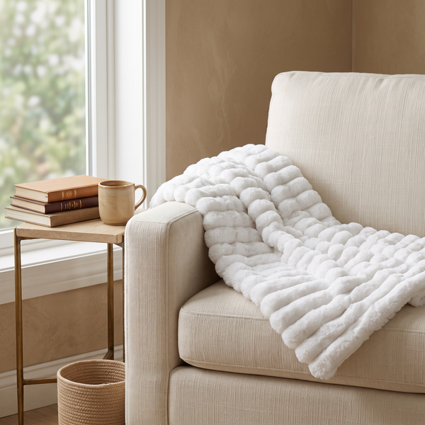 DriftThrow Ribbed Faux Fur Blanket draped over an armchair