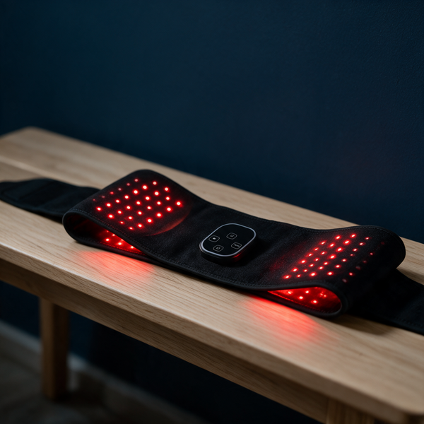 GlowBand Red Light Therapy Belt laid open, LEDs lit