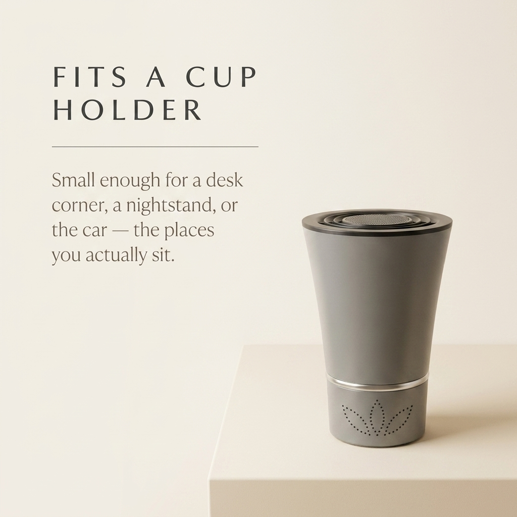 Fits a cup holder — desk corner, nightstand, or car