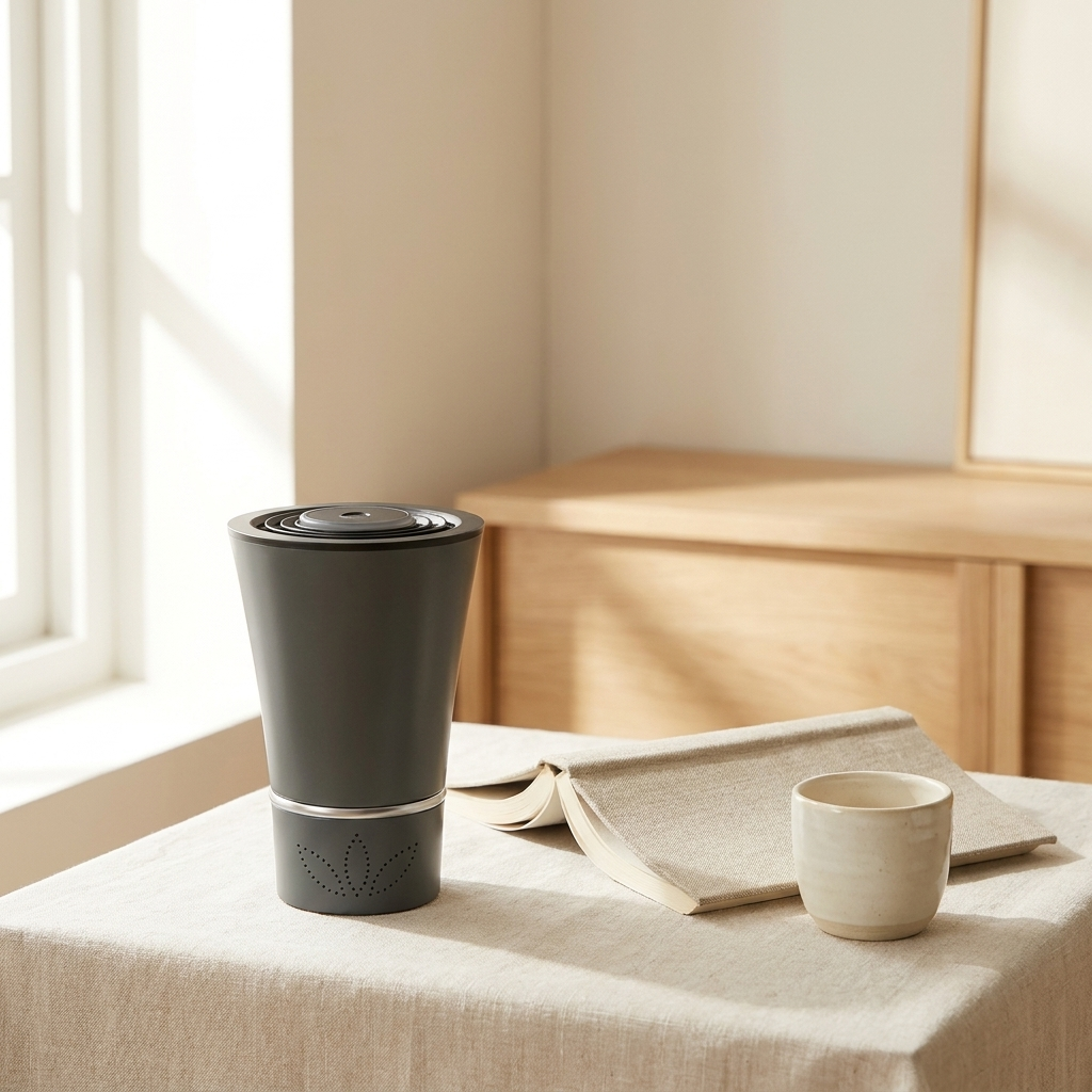 Clarity Mini air purifier on a bedside table in morning light