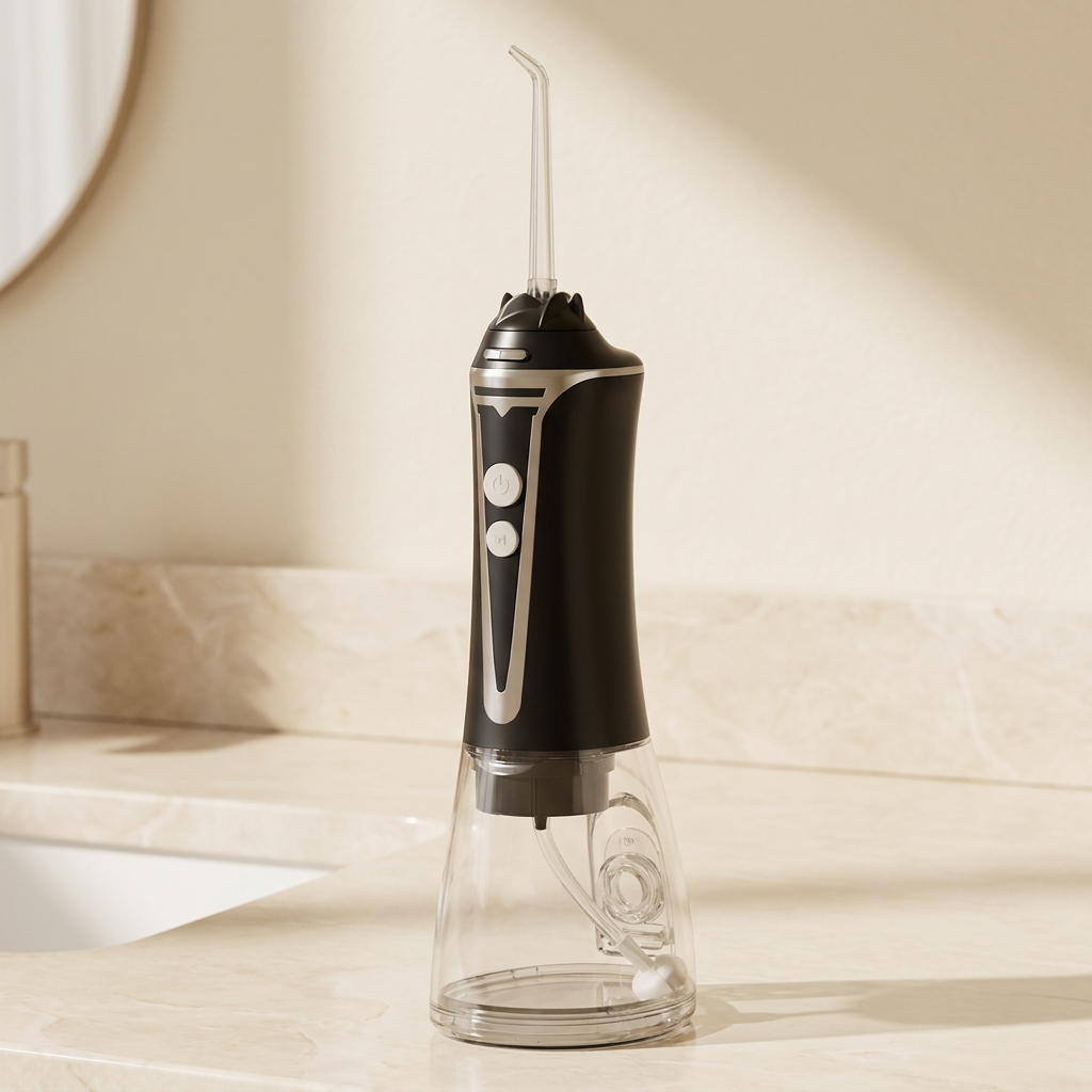 FlowClean Cordless Water Flosser on a marble bathroom counter