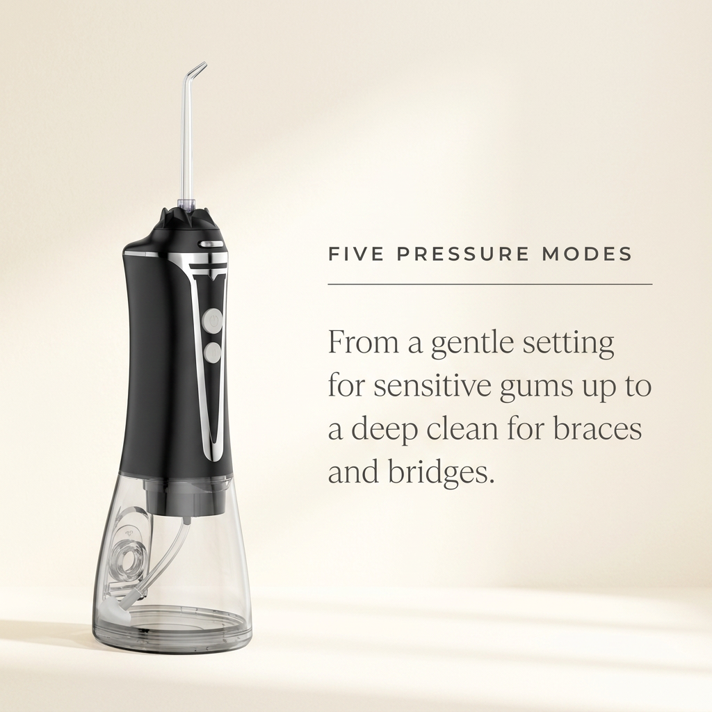 Five pressure modes — gentle through to deep clean