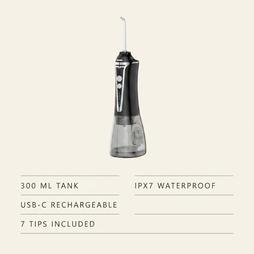 Specifications — 300ml tank, IPX7 waterproof, USB-C rechargeable, 7 tips included