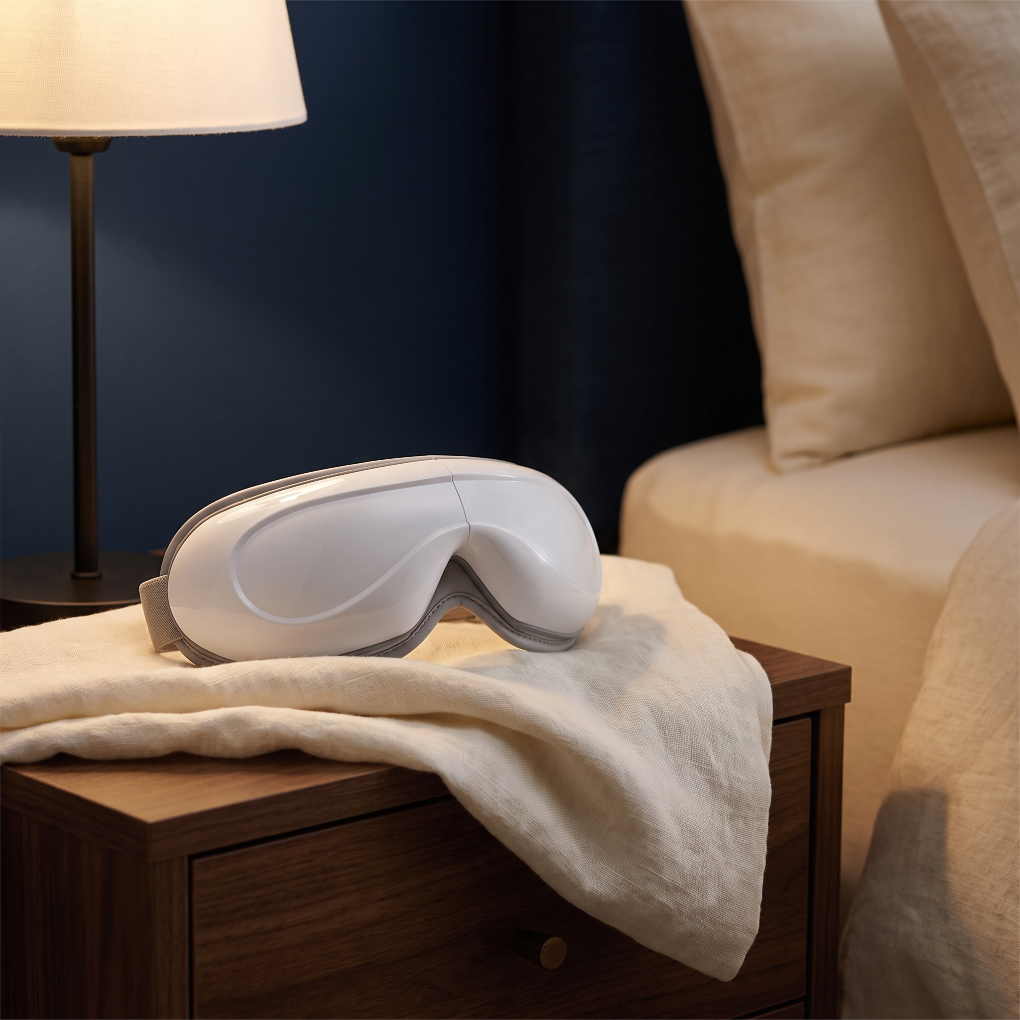 DuskEase Heated Eye Massager on a bedside table