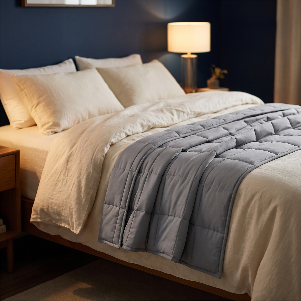 DeepHold Weighted Blanket draped across a bed in evening light