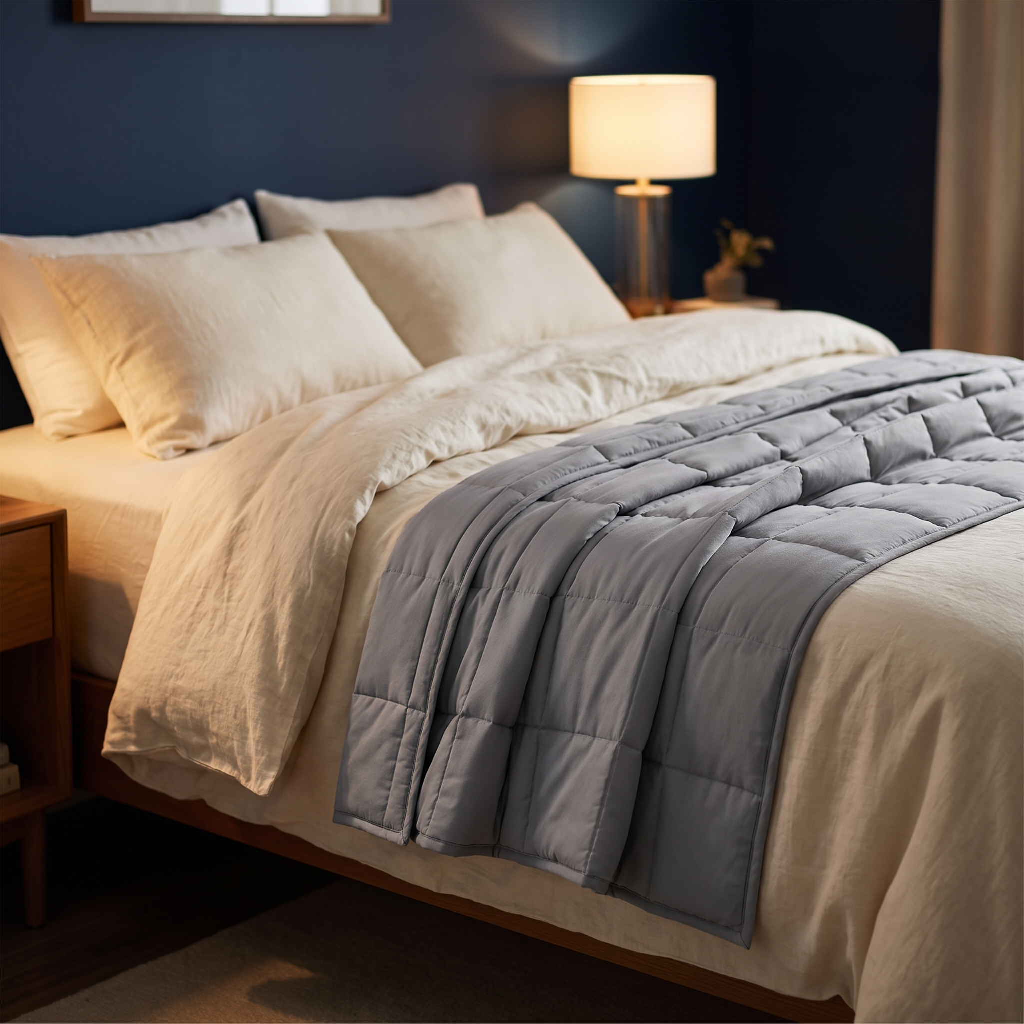 DeepHold Weighted Blanket draped across a bed in evening light