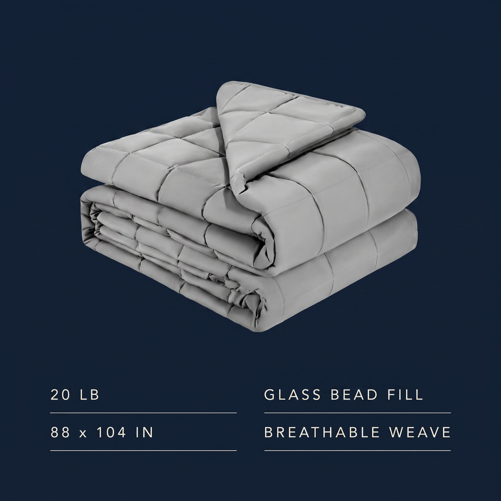 Specifications — 20 lb, 88 x 104 in, glass bead fill, breathable weave