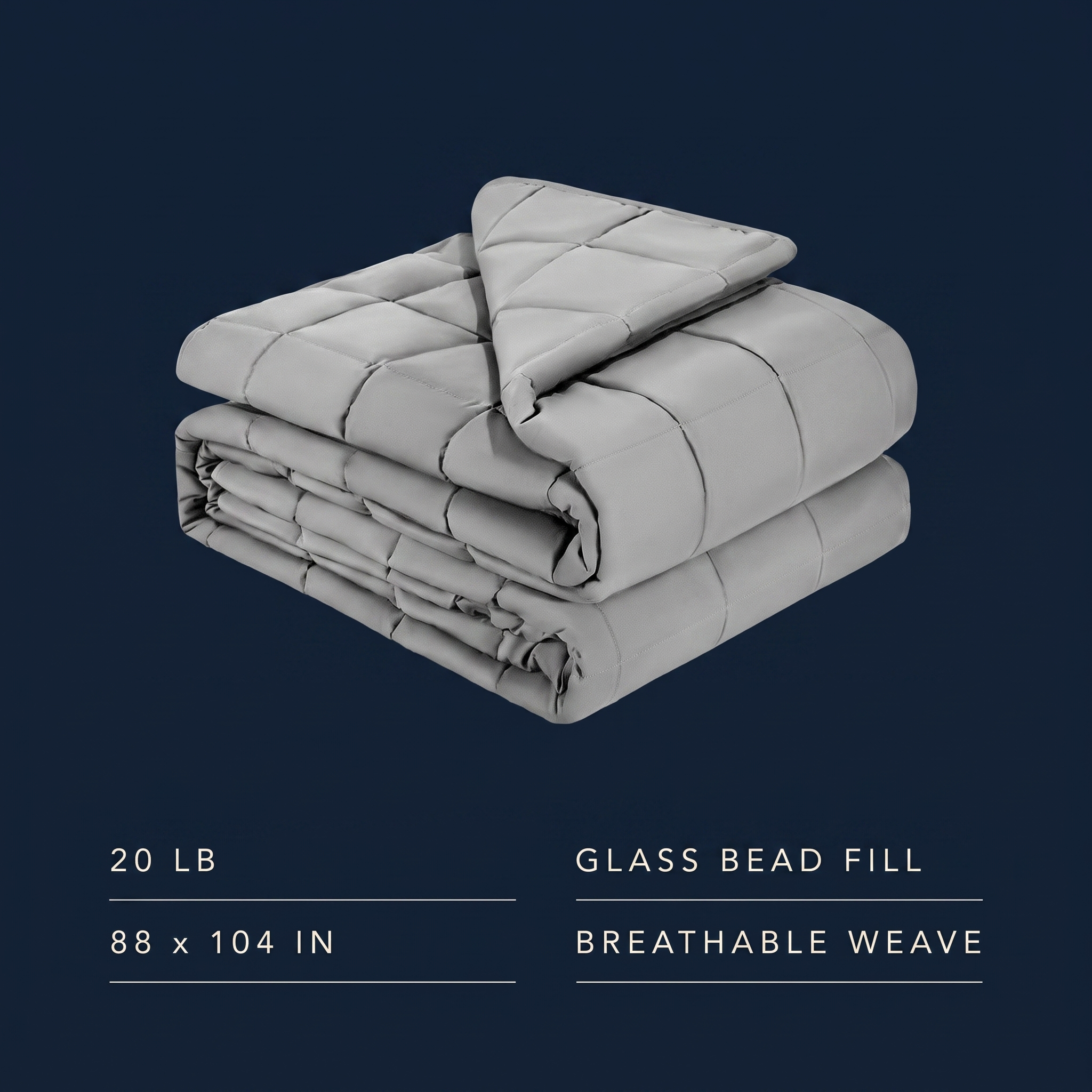 Specifications — 20 lb, 88 x 104 in, glass bead fill, breathable weave