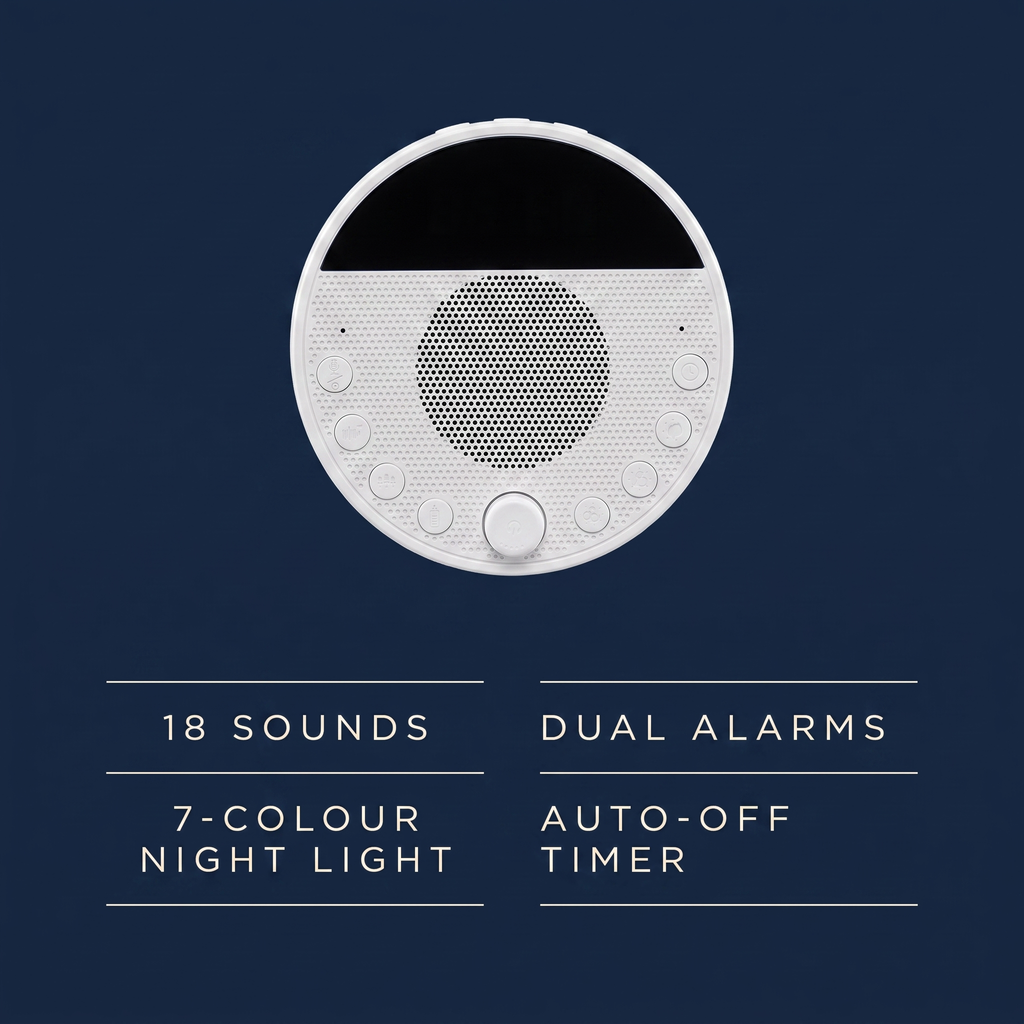 Specifications — 18 sounds, dual alarms, 7-colour night light, auto-off timer