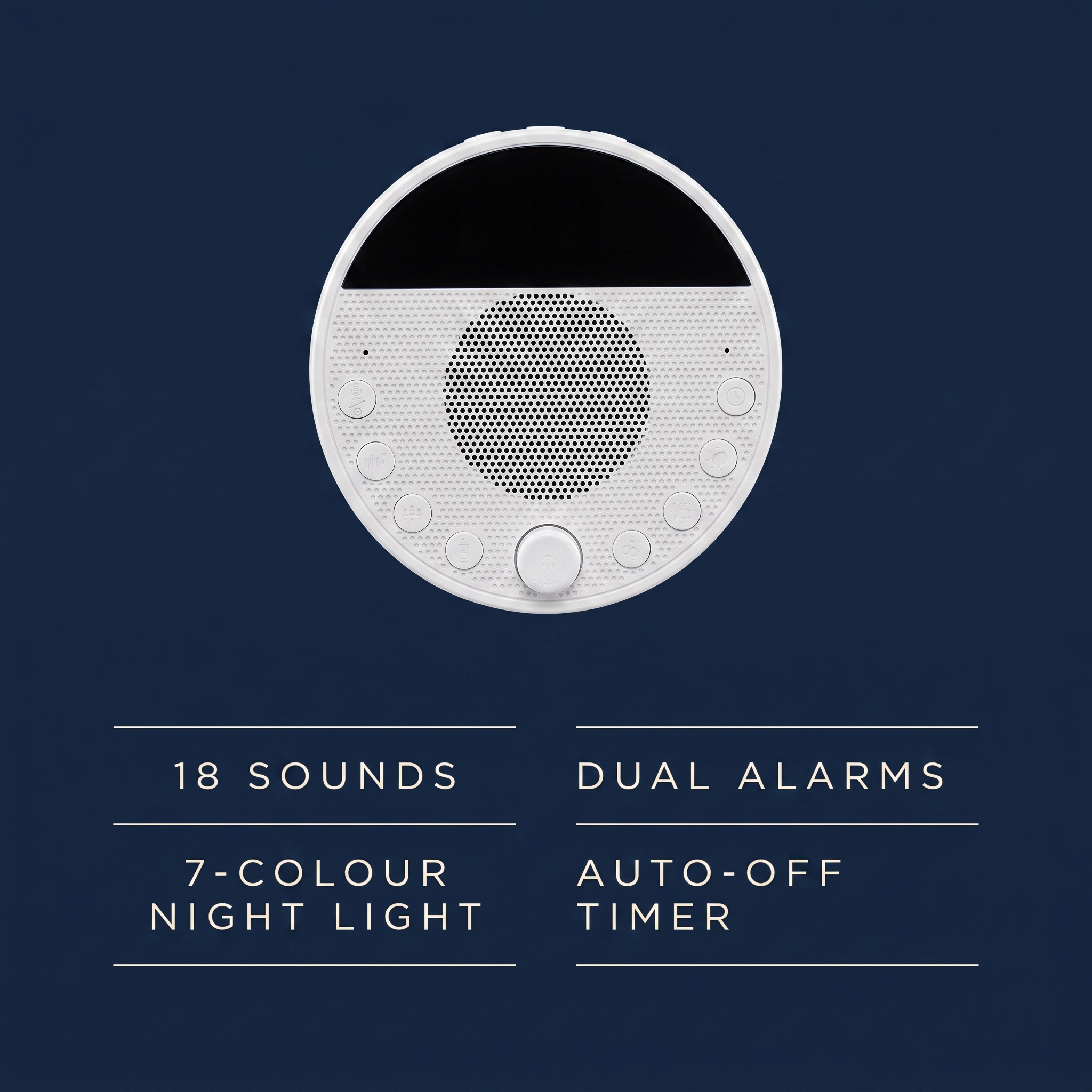 Specifications — 18 sounds, dual alarms, 7-colour night light, auto-off timer