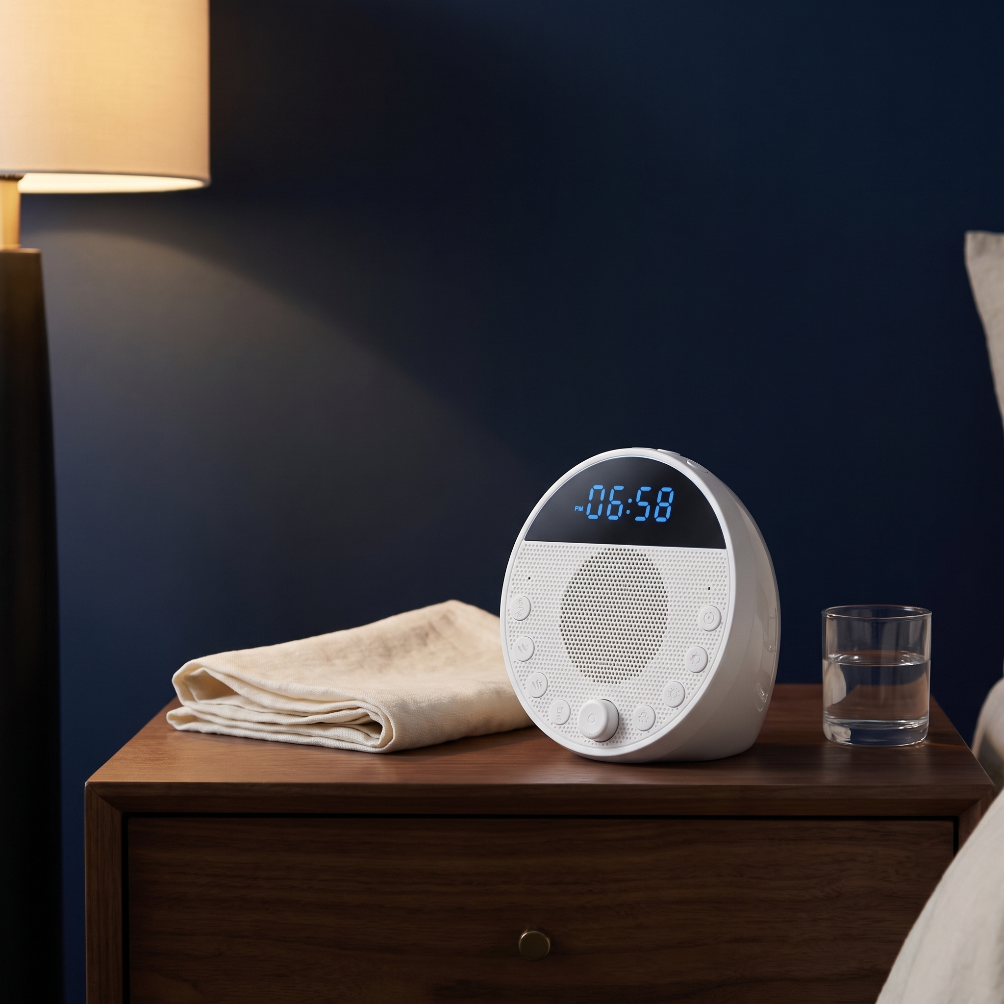 NightField Sound Machine on a bedside table in evening light