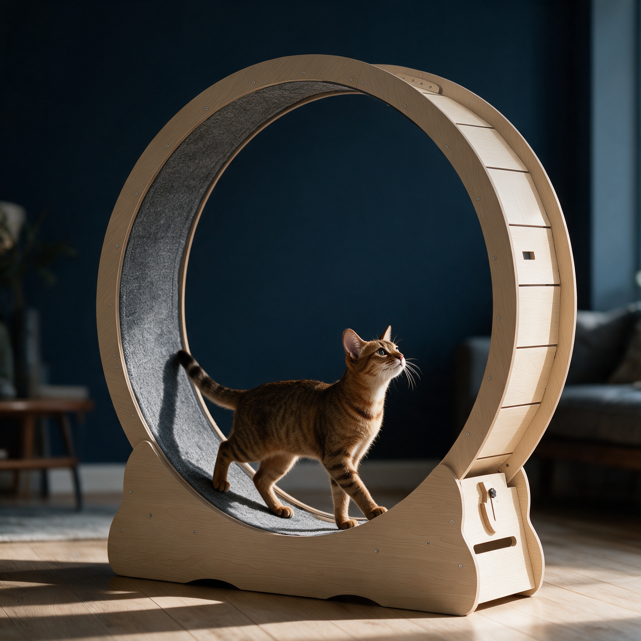 RunRing Cat Exercise Wheel in a living room with a cat walking inside