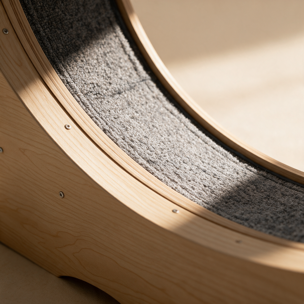Carpeted running track and birch frame detail