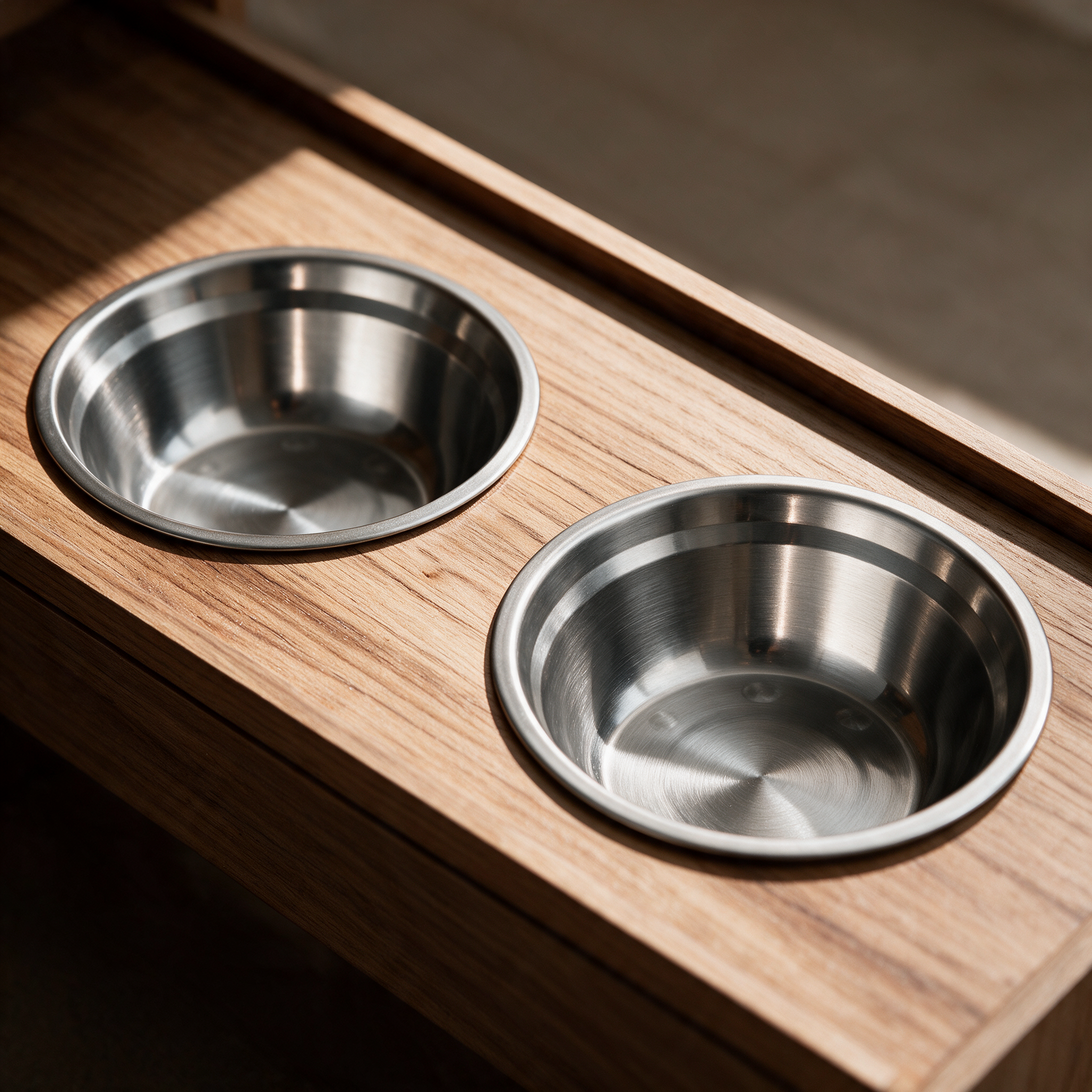Two elevated stainless steel bowls set into the wooden top