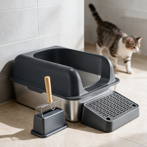 CleanStep Deep Cat Litter Box in a tiled bathroom