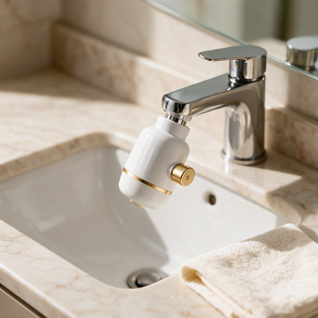 ClearDraw Skincare Faucet Filter fitted to a bathroom tap