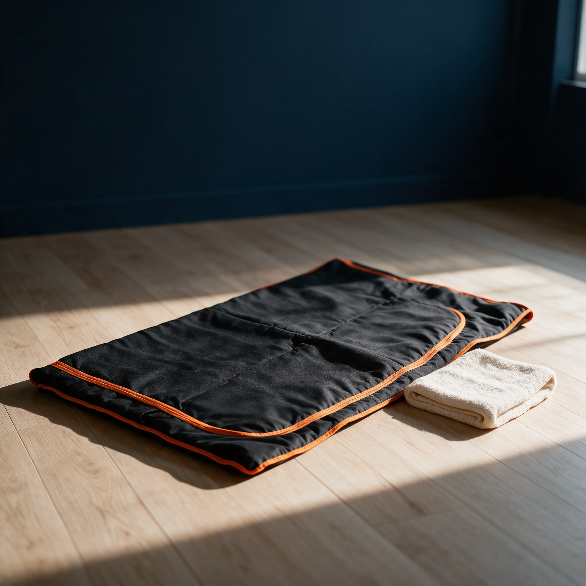 ThermaWrap Infrared Sauna Blanket unrolled on a wooden floor
