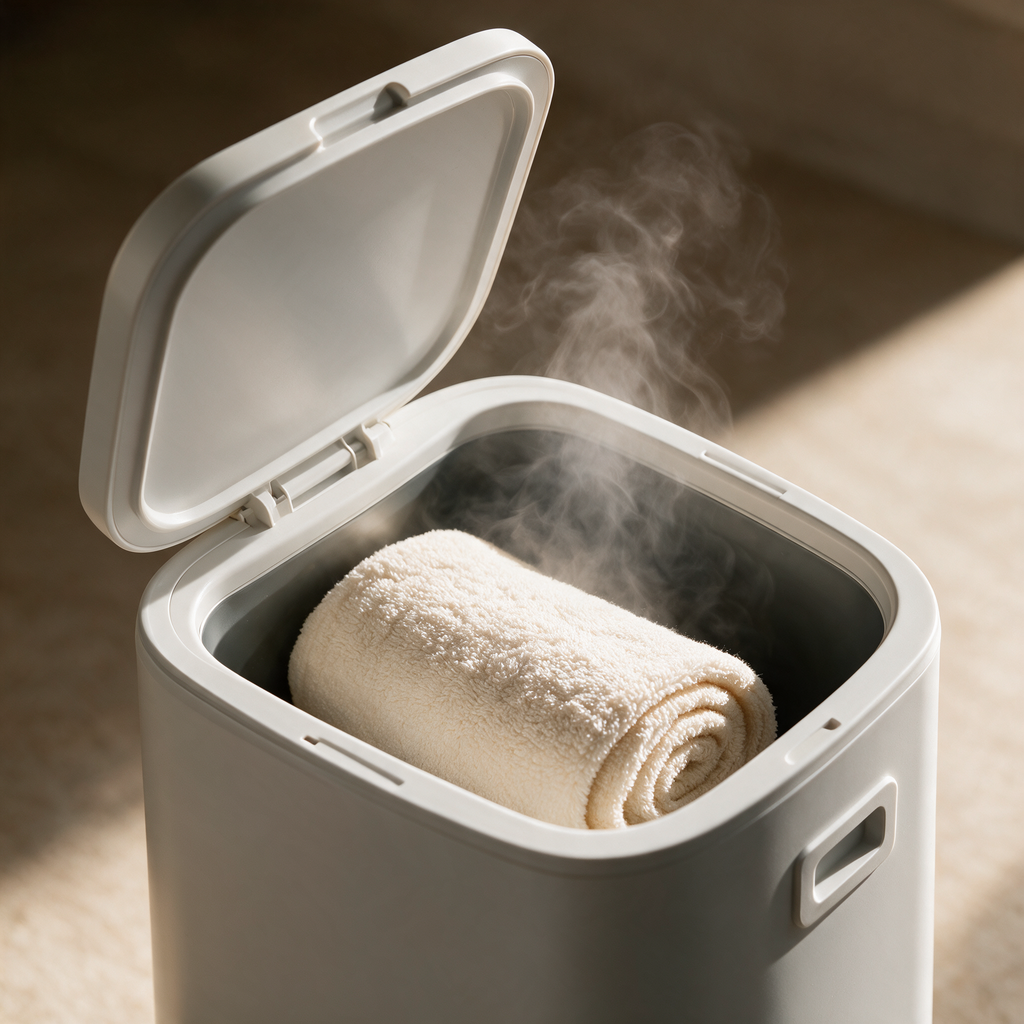 Open lid with a warm rolled towel inside