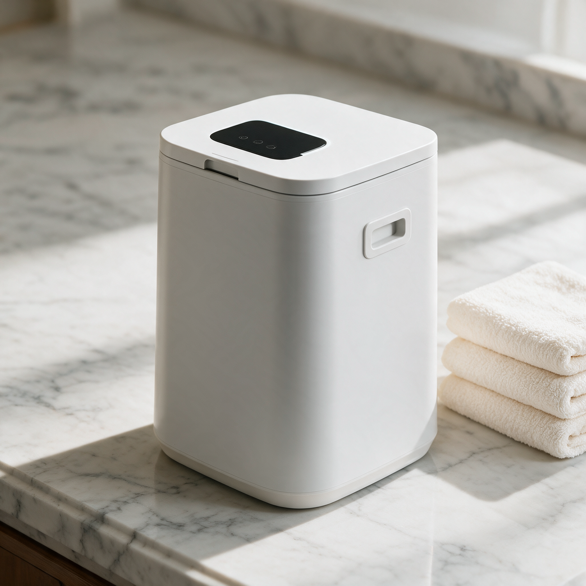 WarmWell Towel Warmer on a marble bathroom counter