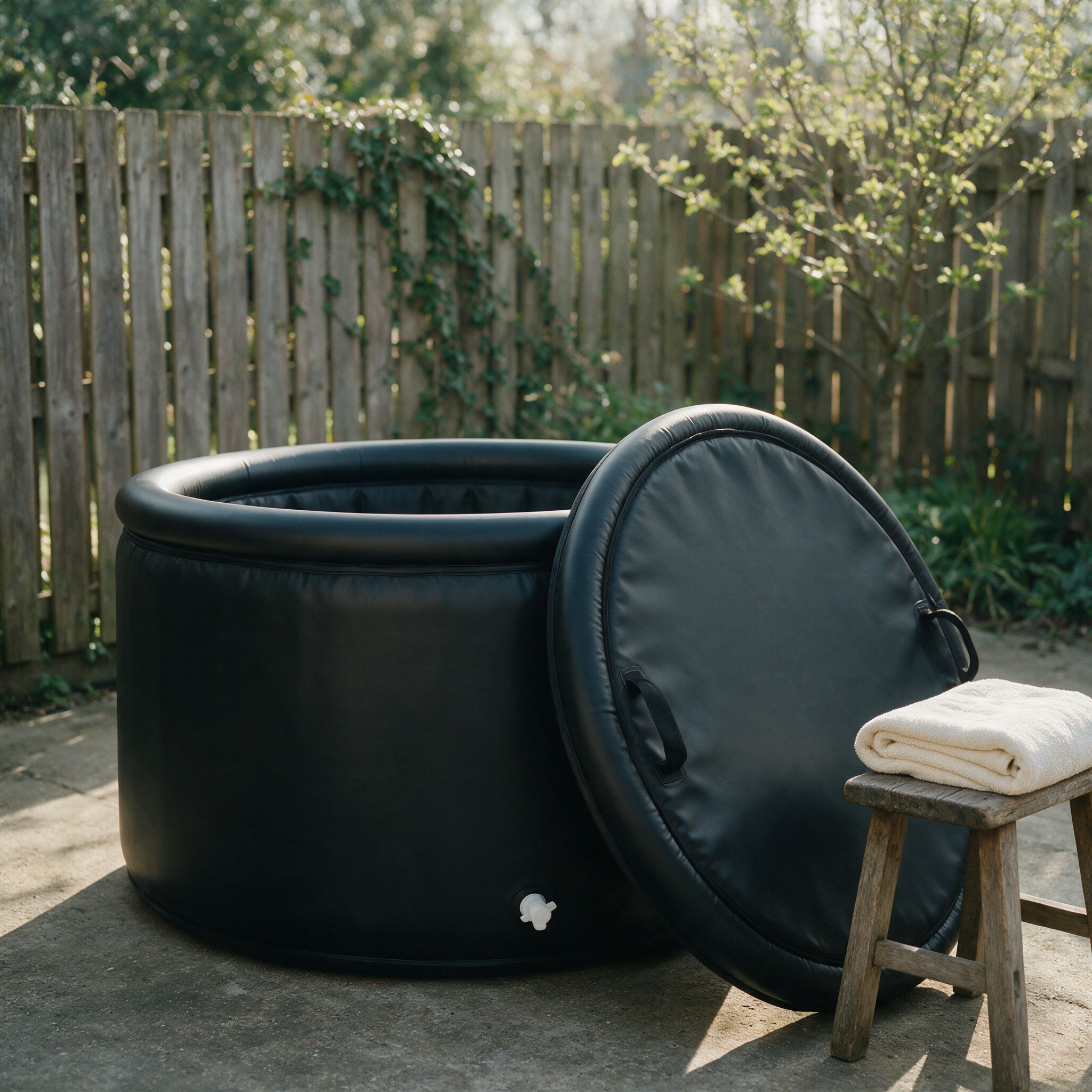 PlungePoint Inflatable Cold Plunge Tub on a patio with its lid