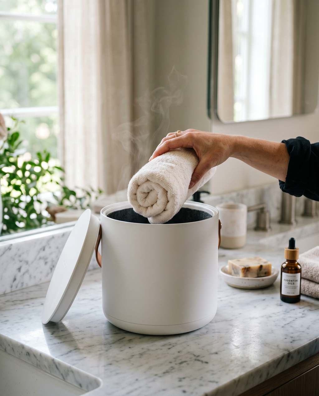 Pulling a warm towel from the WarmWell towel warmer on a bathroom counter
