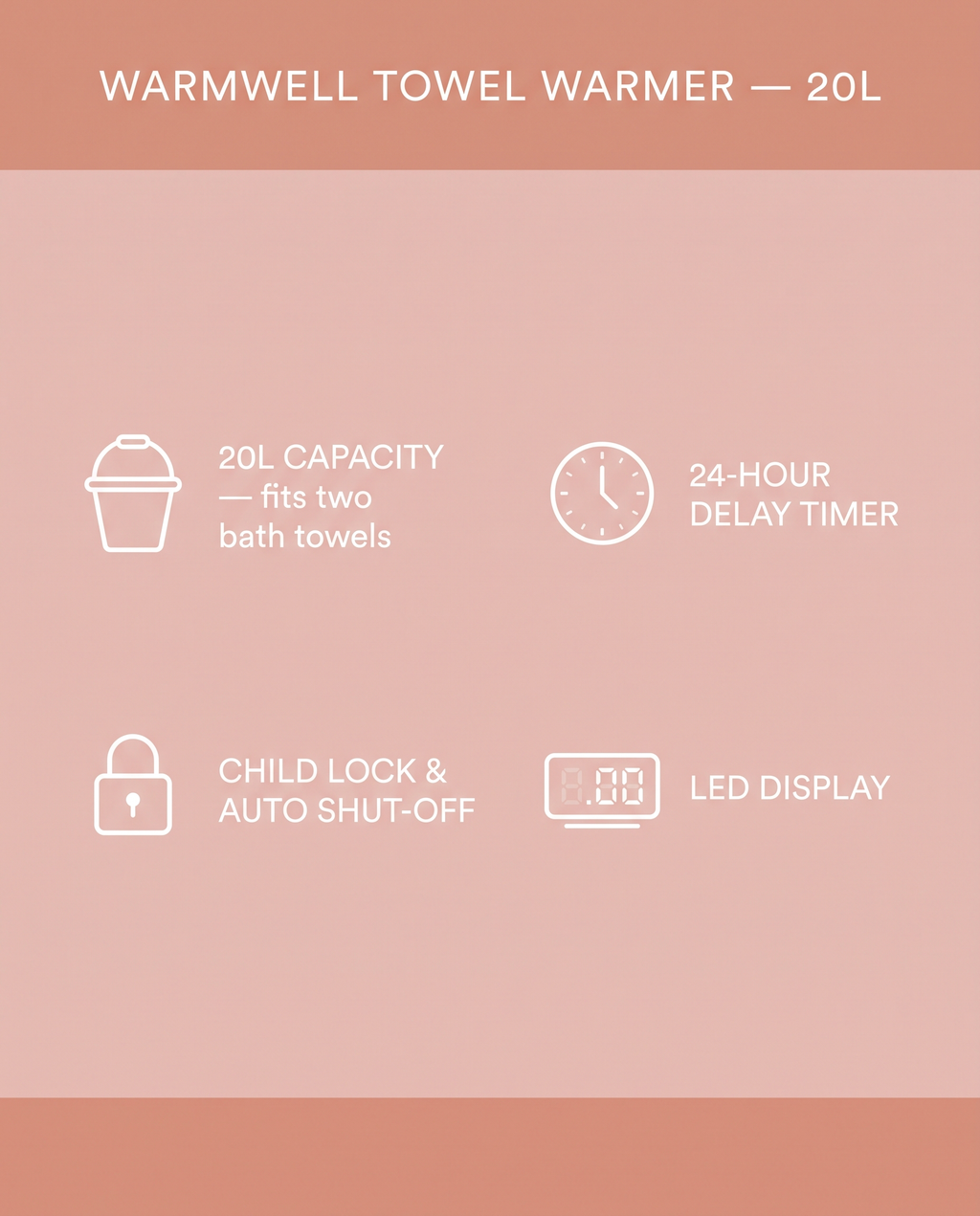 WarmWell spec panel: 20L capacity, 24-hour delay timer, child lock and auto shut-off, LED display