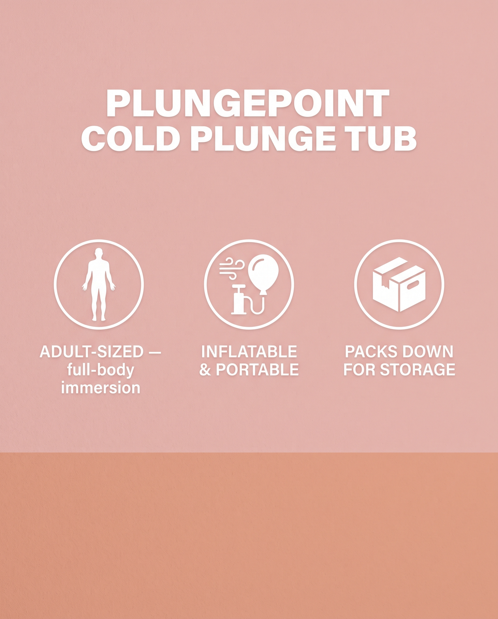 PlungePoint spec panel: adult-sized, inflatable and portable, packs down for storage