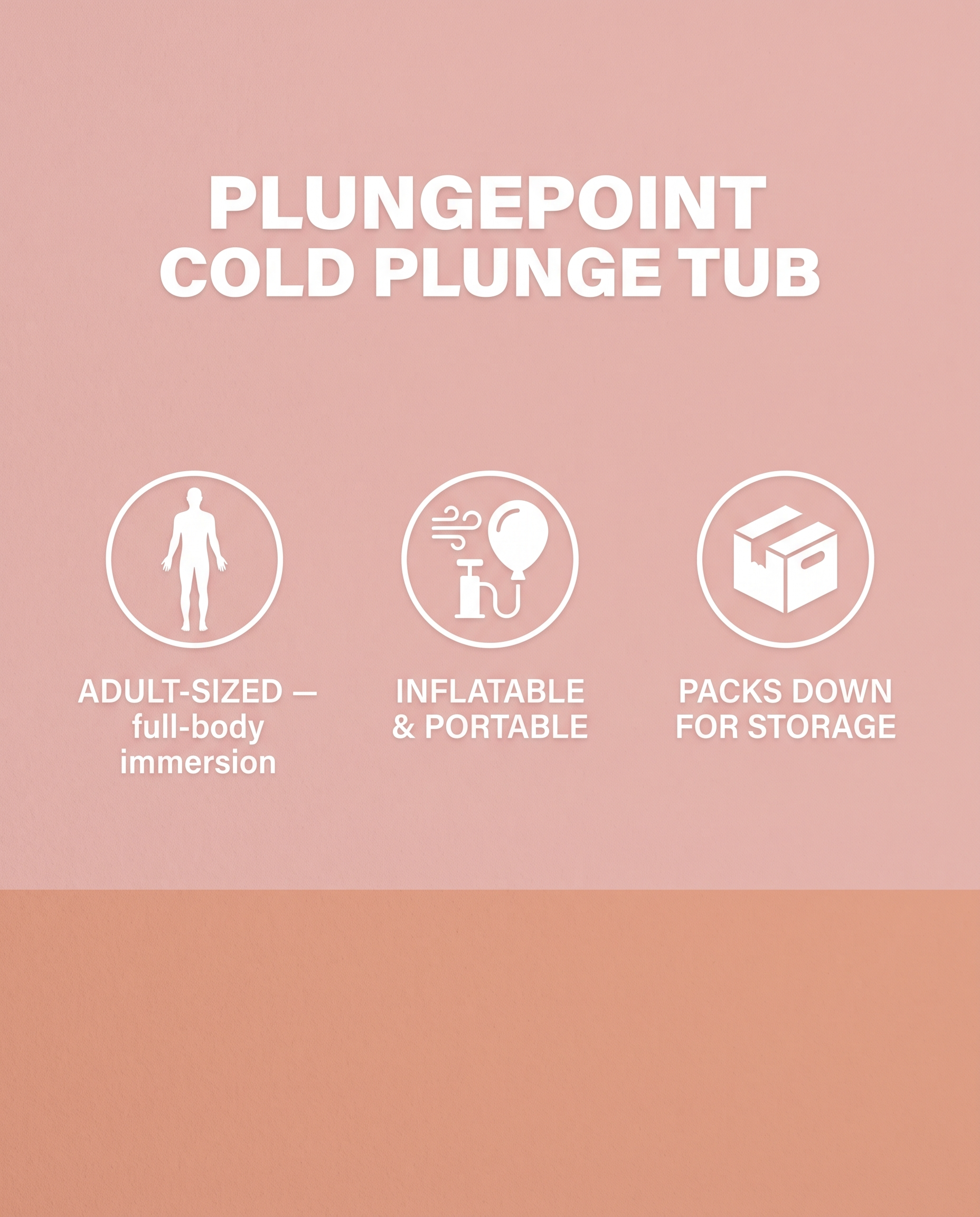 PlungePoint spec panel: adult-sized, inflatable and portable, packs down for storage