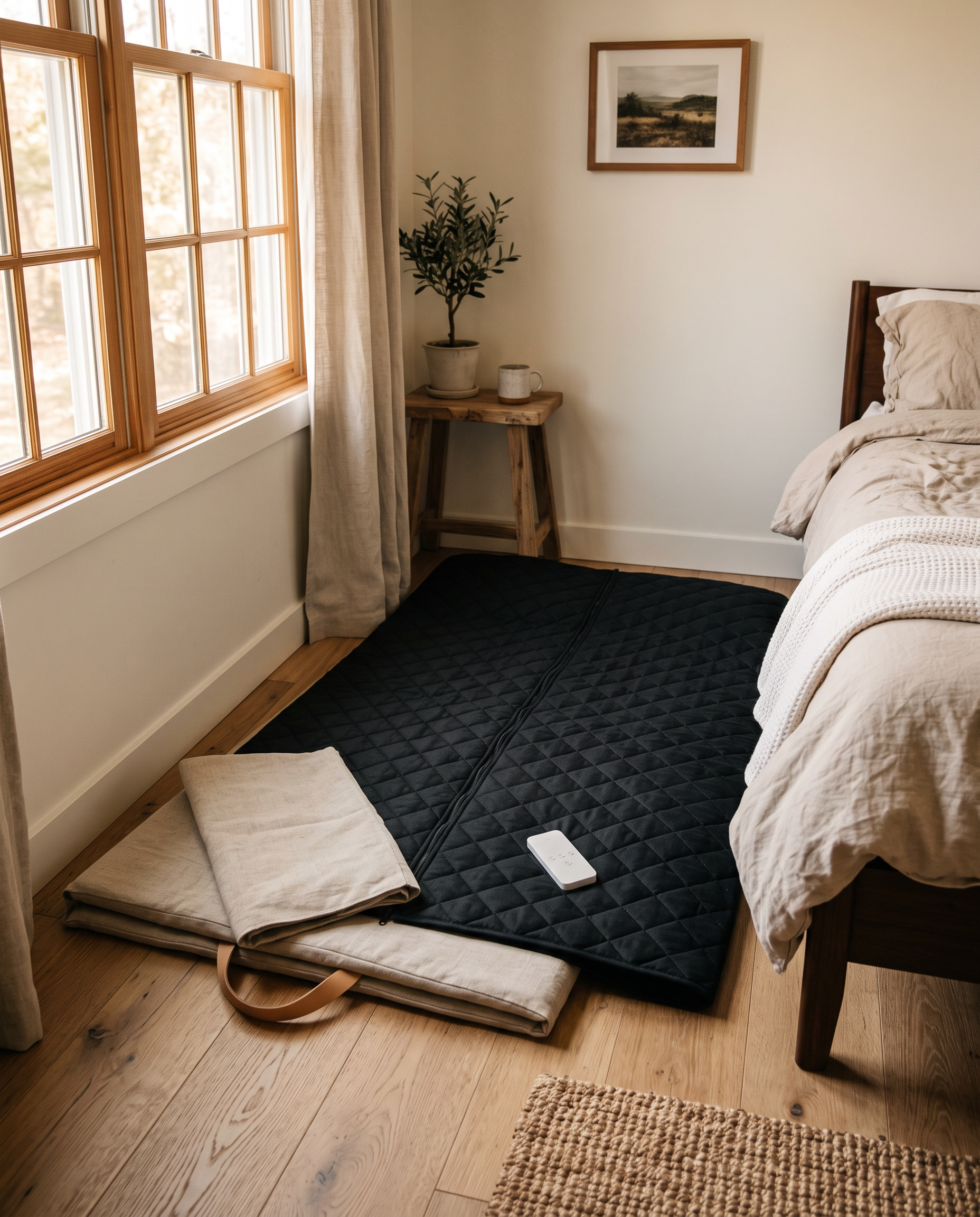 ThermaWrap sauna blanket unrolled in a bedroom corner with floor mat and remote