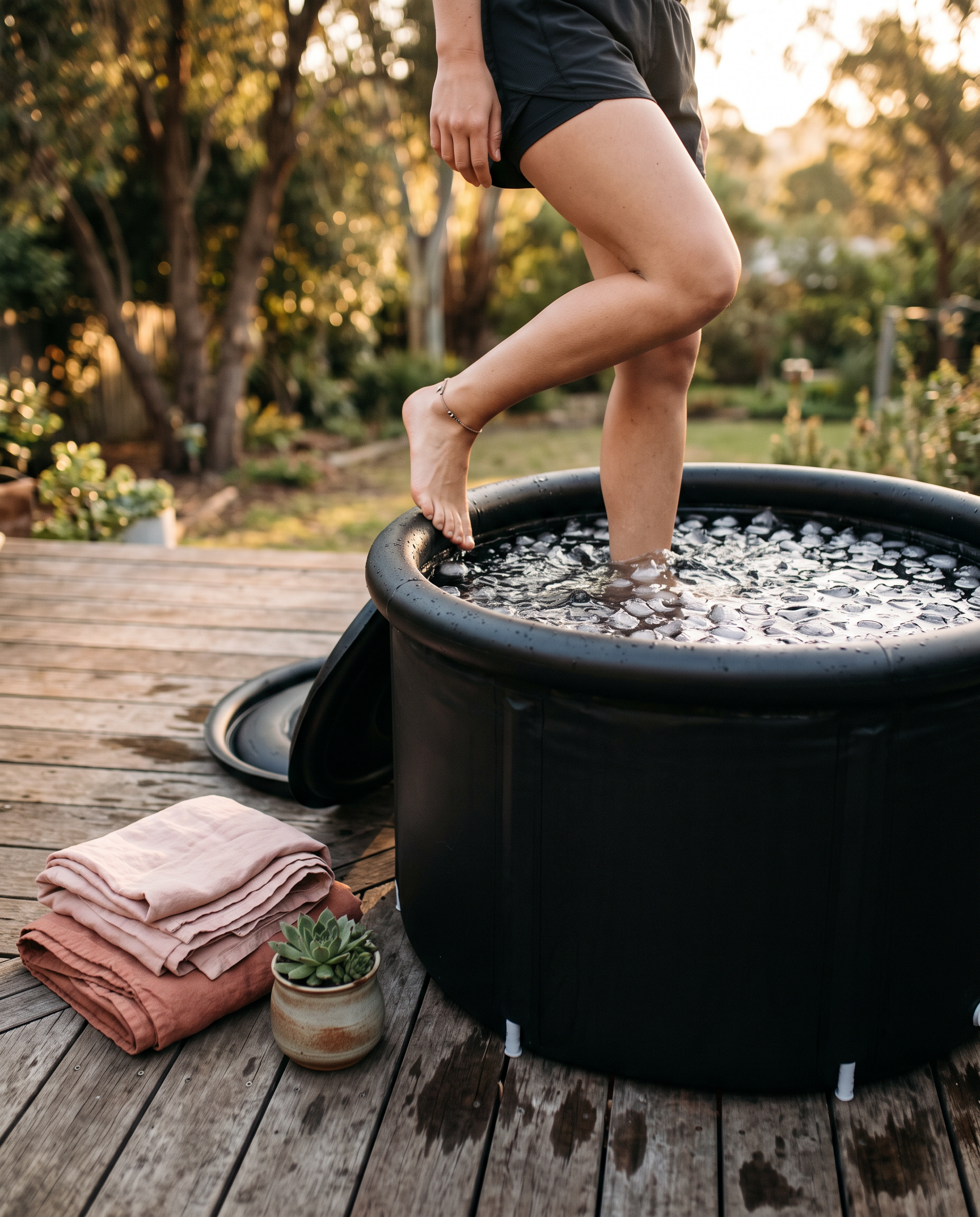 Stepping into the PlungePoint cold plunge tub on a backyard deck
