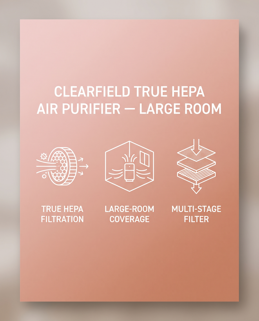 ClearField spec panel: true HEPA filtration, large-room coverage, multi-stage filter