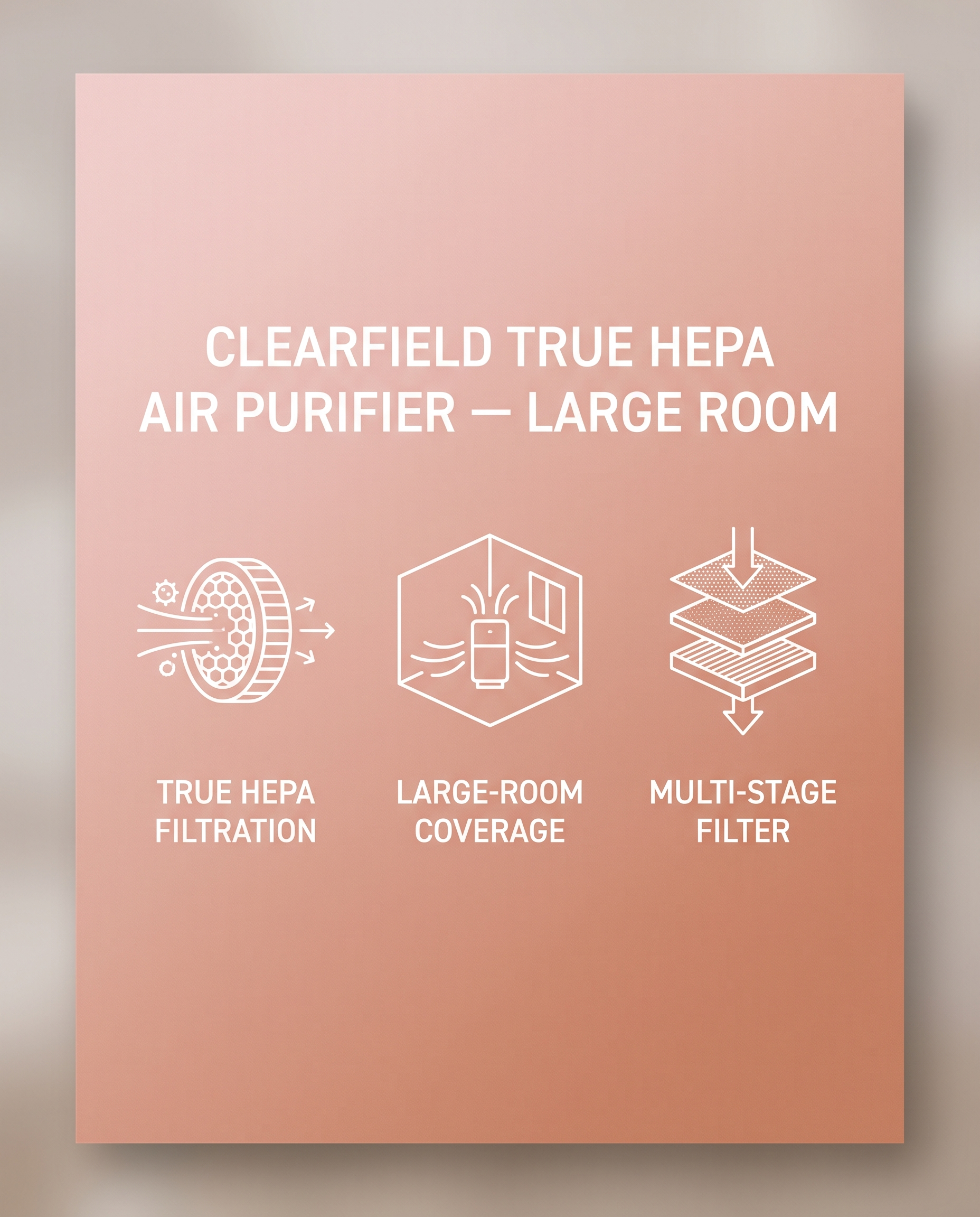 ClearField spec panel: true HEPA filtration, large-room coverage, multi-stage filter