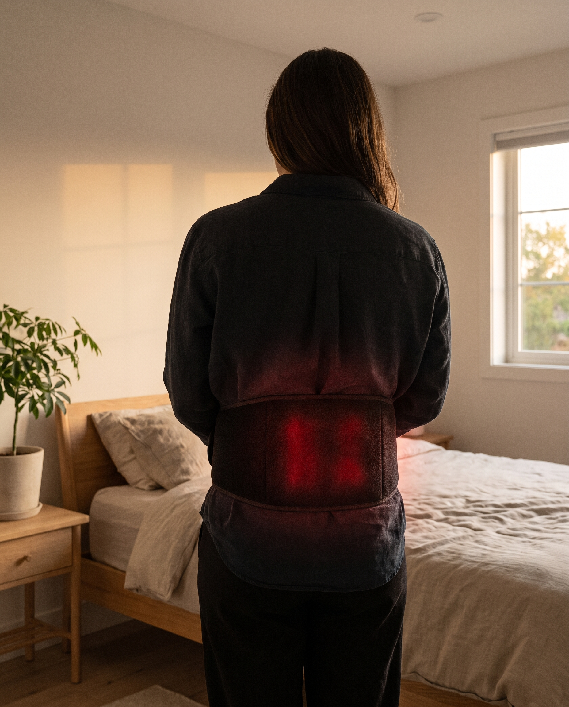 Wearing the GlowBand red light therapy belt around the lower back