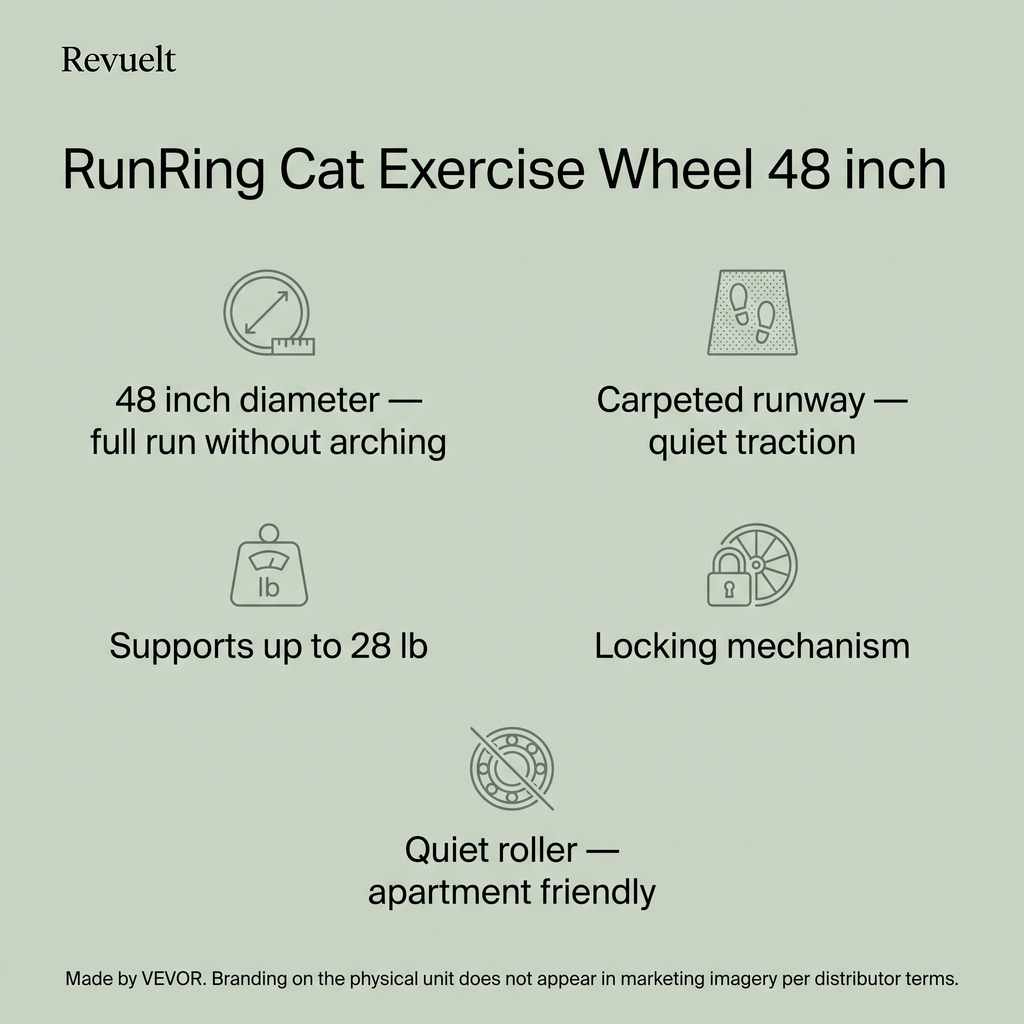 RunRing spec panel: 48-inch diameter, supports up to 28 lb, carpeted runway, locking mechanism, VEVOR disclosure