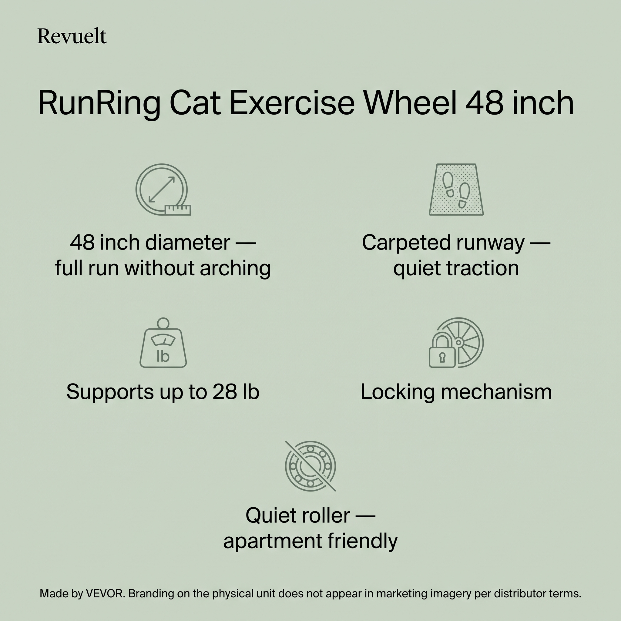RunRing spec panel: 48-inch diameter, supports up to 28 lb, carpeted runway, locking mechanism, VEVOR disclosure
