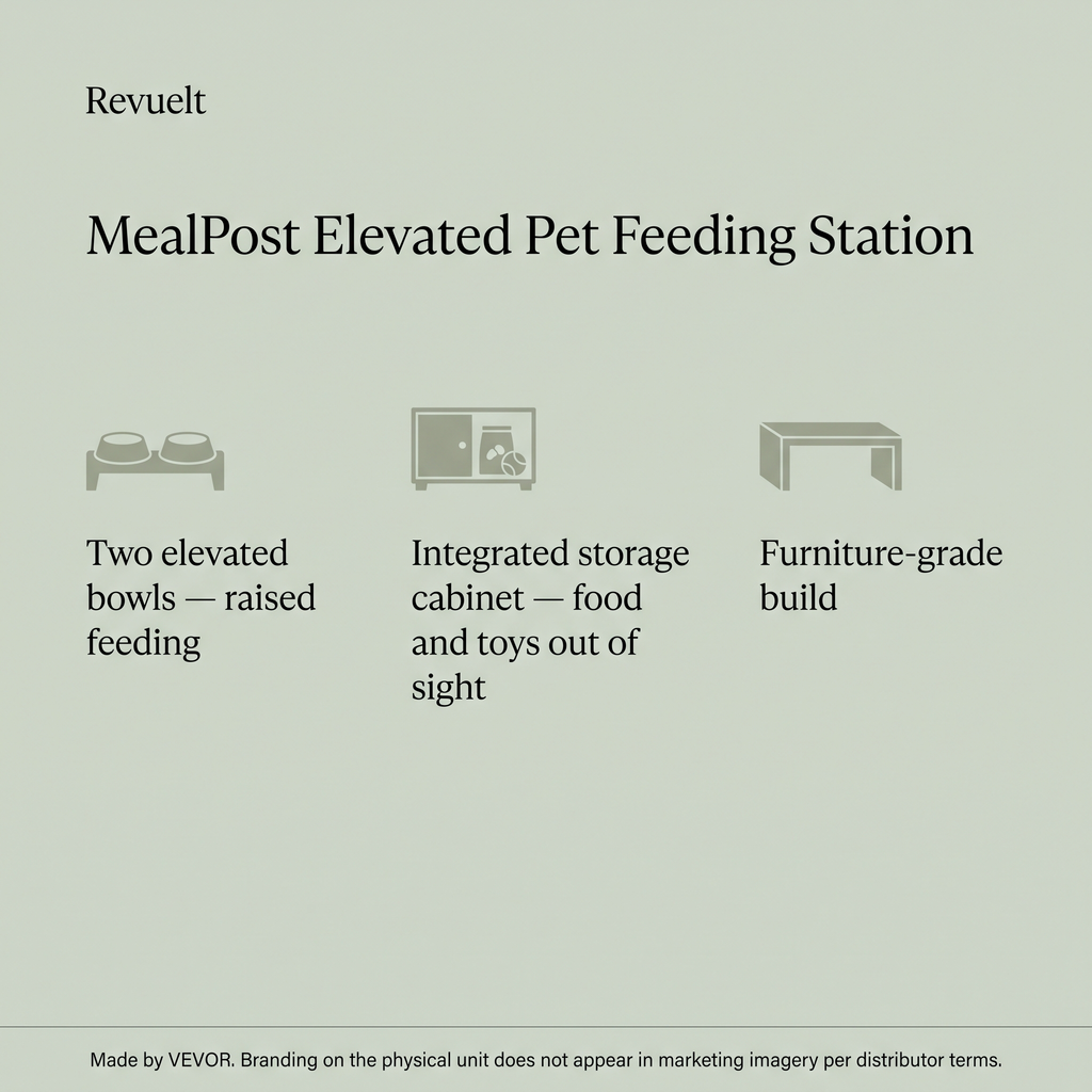MealPost spec panel: two elevated bowls, integrated storage cabinet, furniture-grade build, VEVOR disclosure