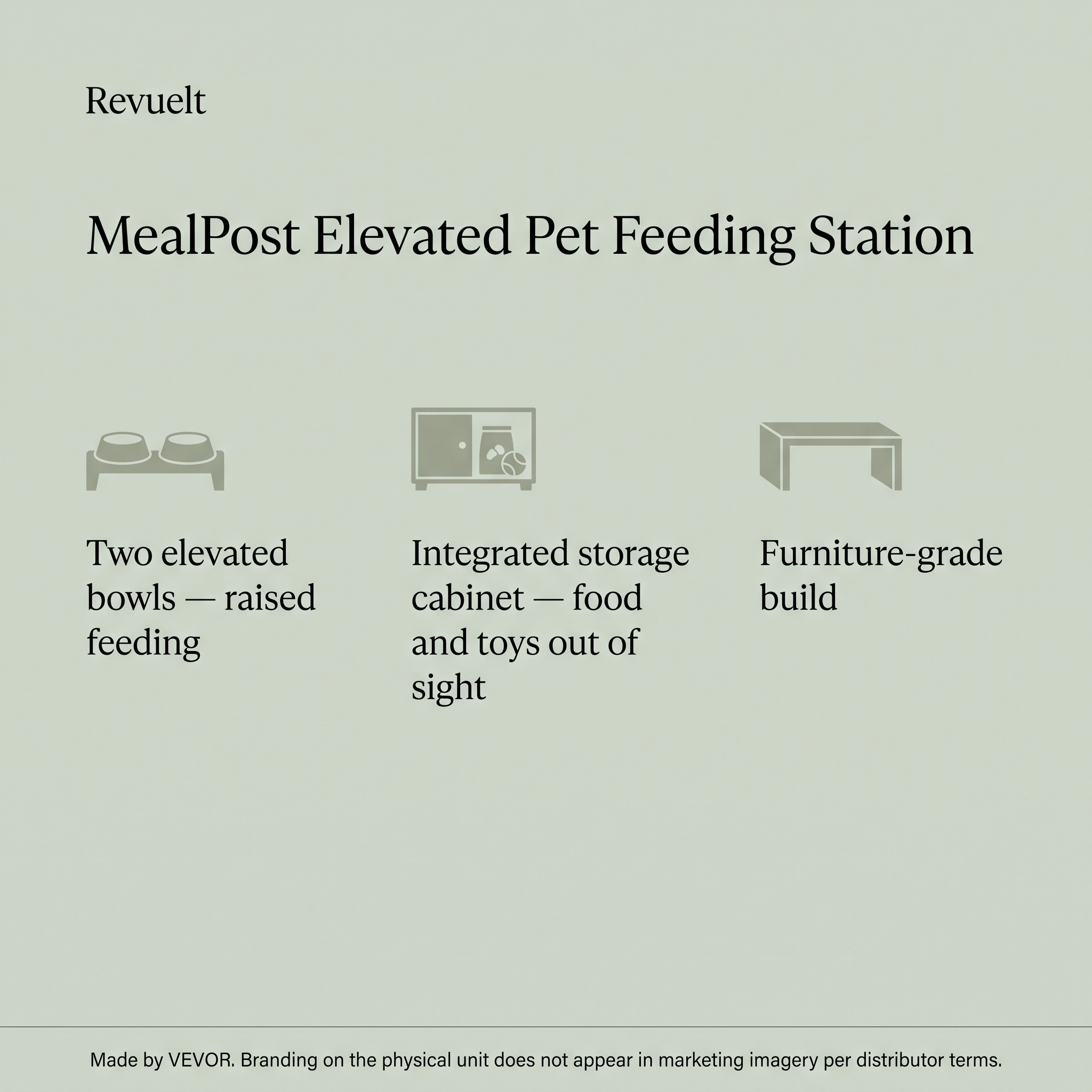 MealPost spec panel: two elevated bowls, integrated storage cabinet, furniture-grade build, VEVOR disclosure