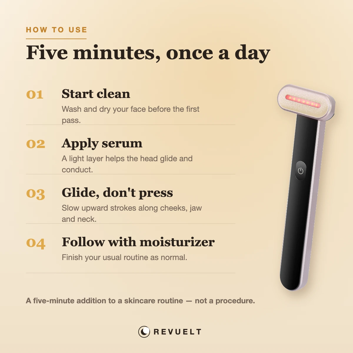 How to use the LumiGlow wand in five minutes: cleanse, apply serum, glide, moisturize