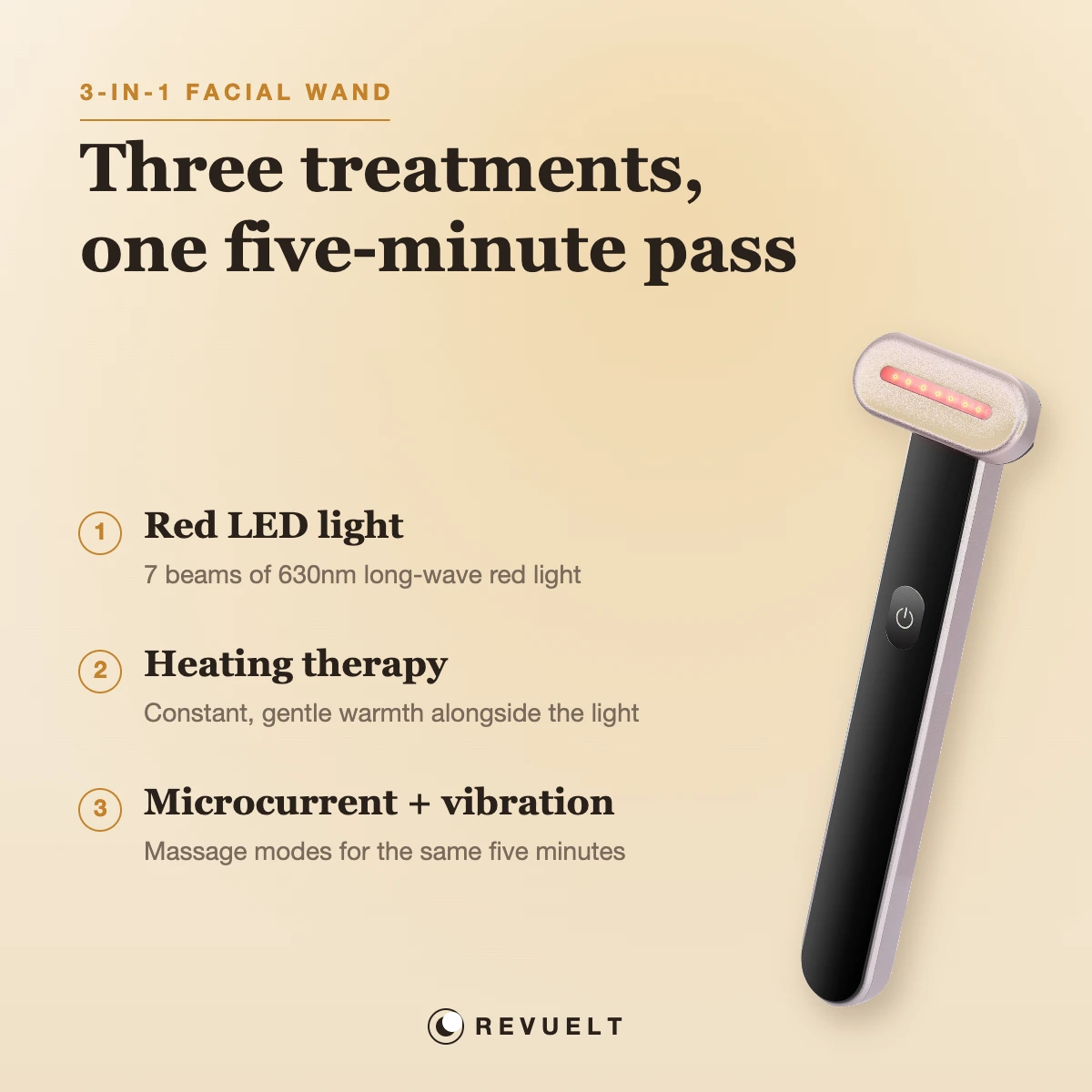 LumiGlow wand's three modes: red LED light, heating therapy, microcurrent and vibration massage